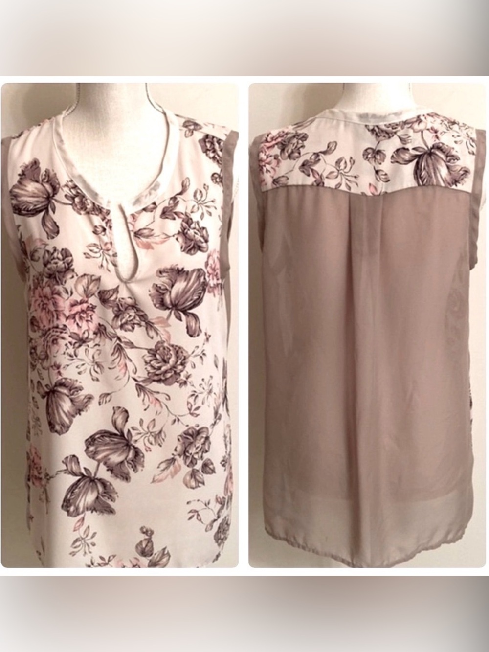 RO & DE Sleeveless Cream Beige Floral Open Neck Women's Top Sheer Back Medium